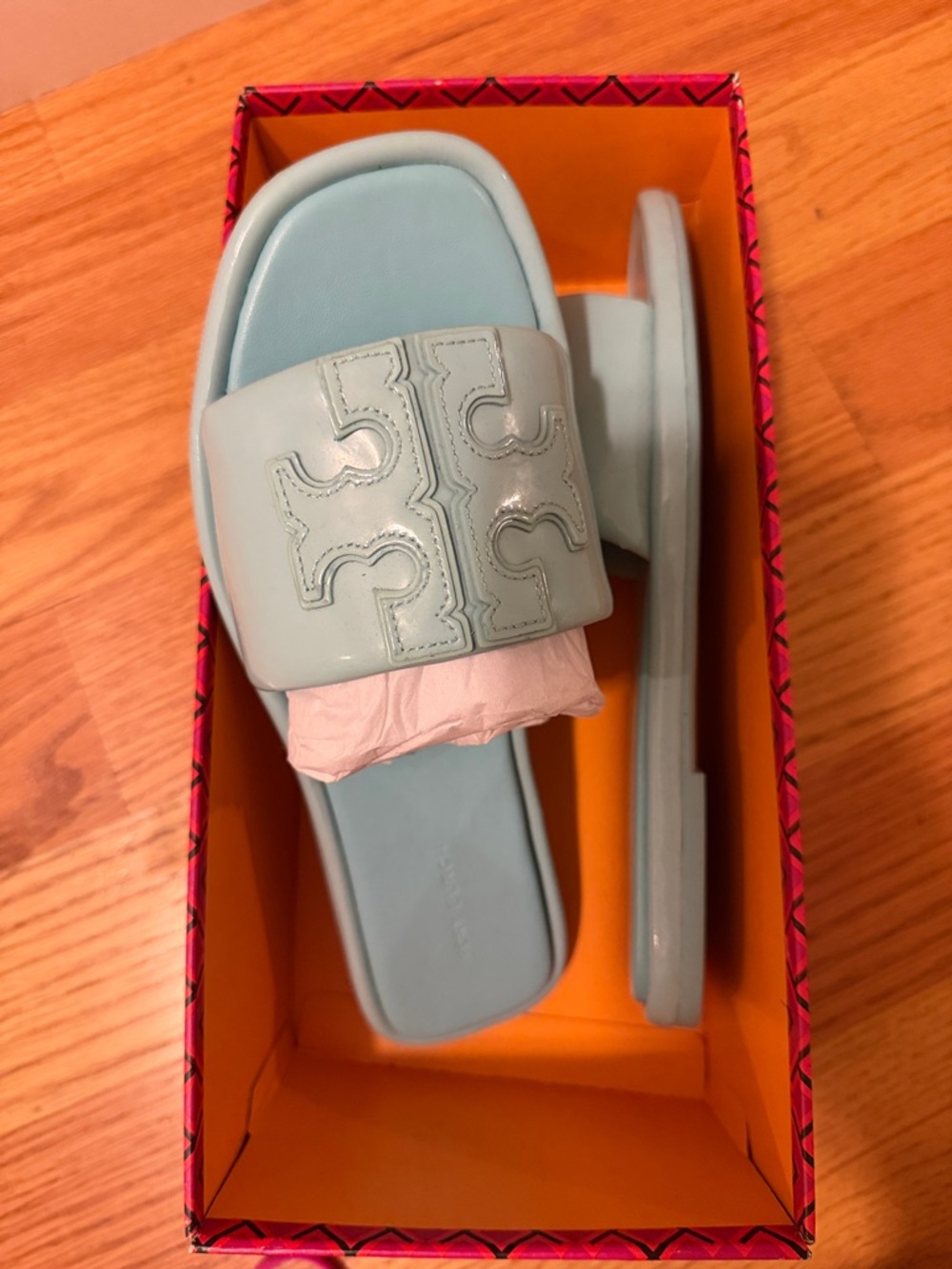 Tory Burch Kids Patent Light Blue Logo Slide Sandals